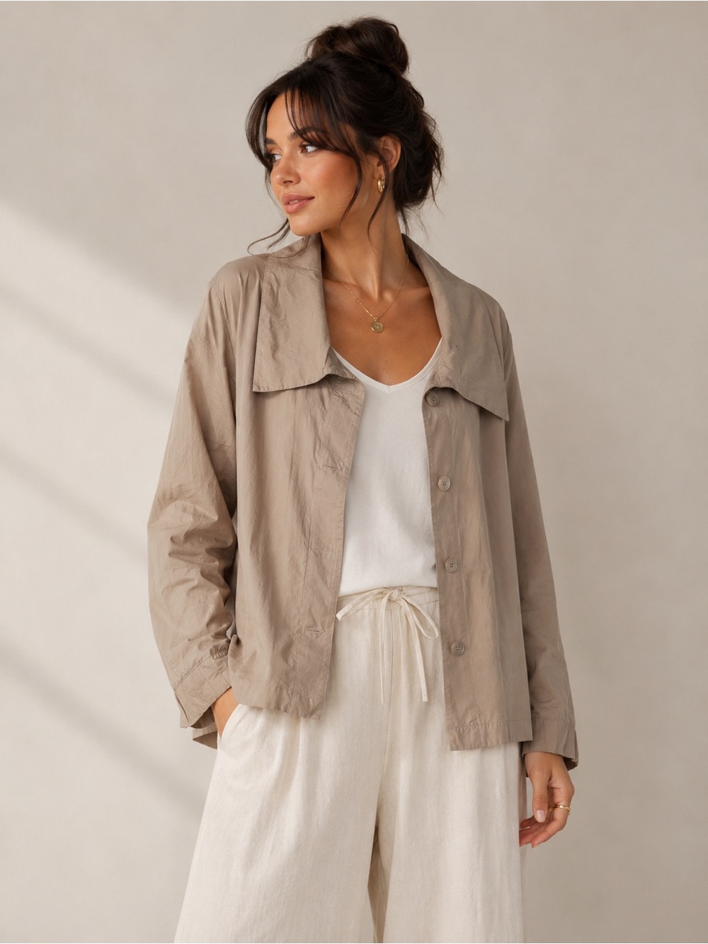 Lafayette 148 Tan Wide‎ Collar Lagenlook Boxy Lightweight Jacket